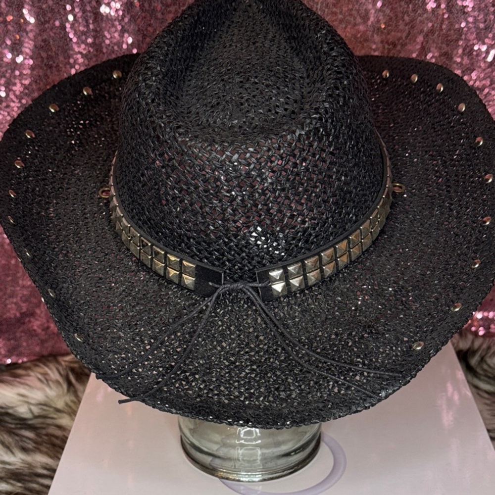 Mens woven black studded with rhinestone rim cowboy hat - Picture 4 of 5